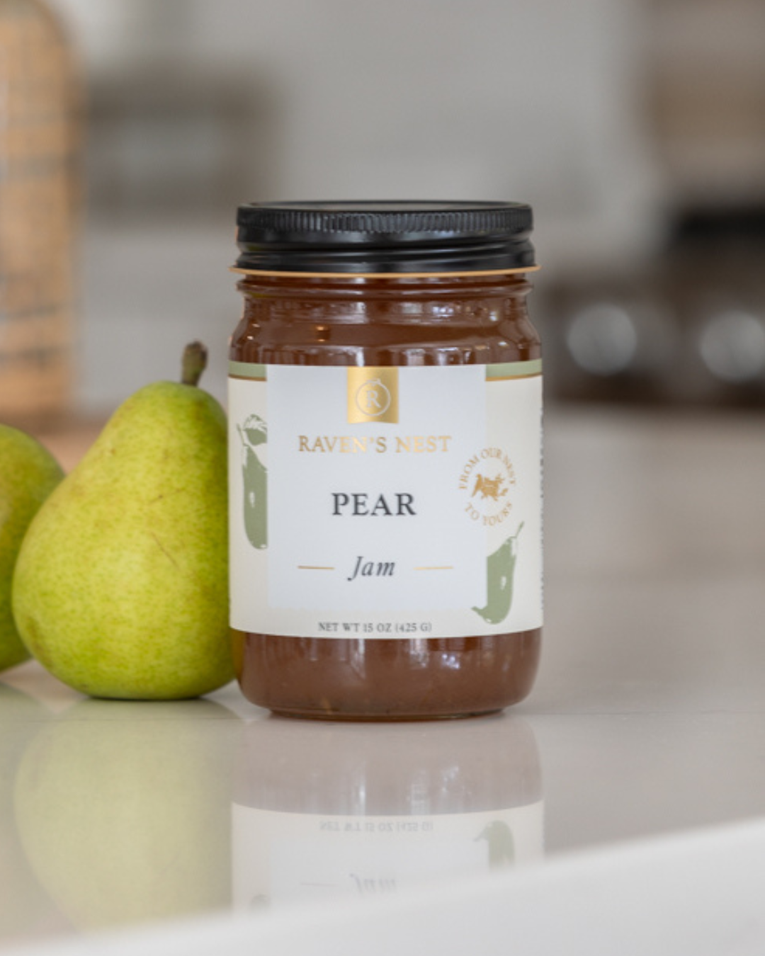 Pear Jam Jar with a Pear Sitting next to it