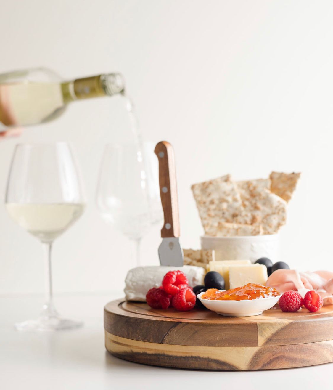 Charcutier Board with Jams, Cheese, and Meat. Light Wood with Knife Set.