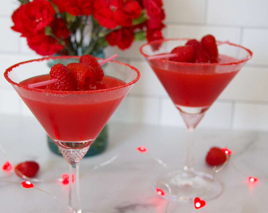 Raspberry Jalapeno Jam Simple Syrup Love Potion Cocktail, Jamtail, Mocktail, Valentines Day, Red, Raspberry Garnish.