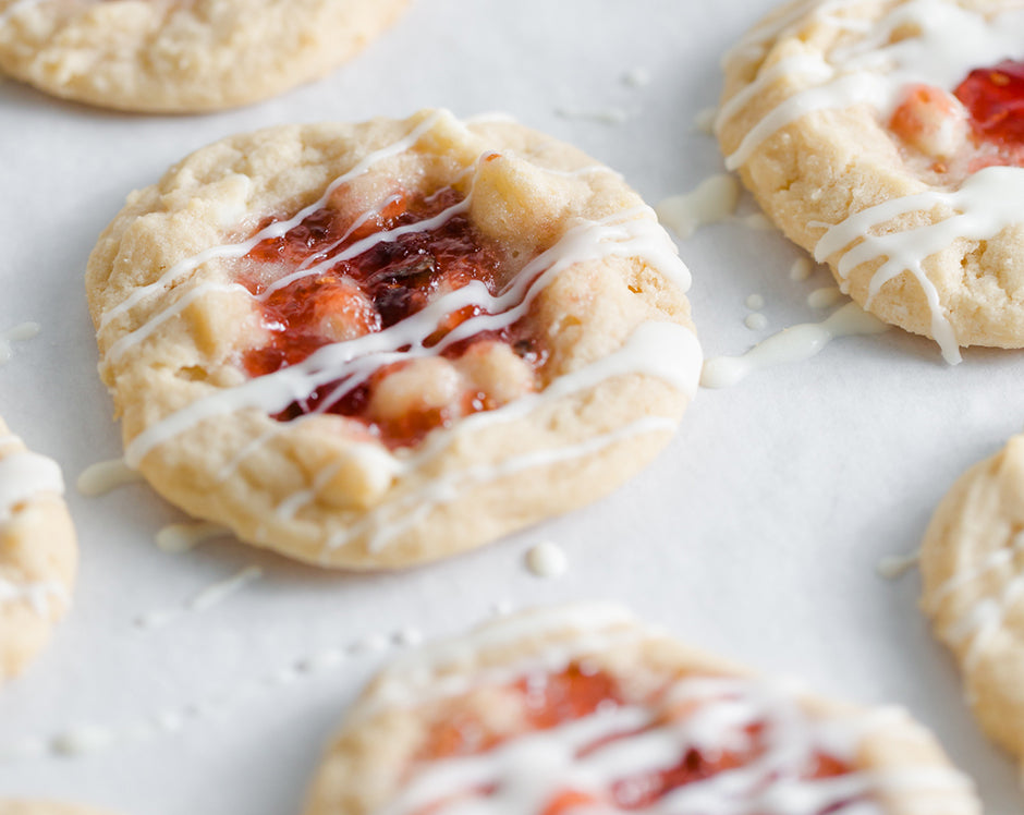 Raspberry White Chocolate Cookies Recipe Using out Raspberry Jalapeno Jam. Drizzled in Icing.