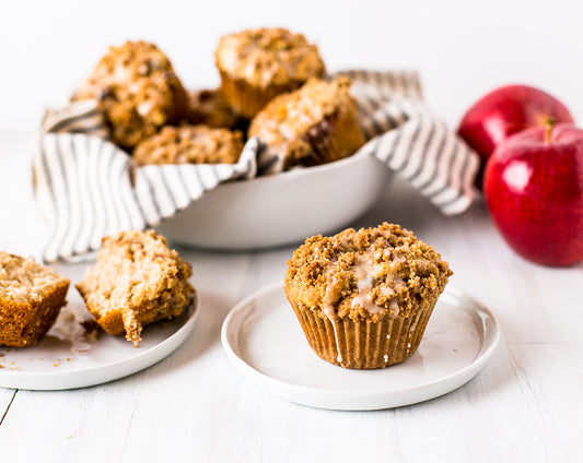 glazed apple butter muffins with a cinnamon crumb topping made with Ravens Nest apple butter