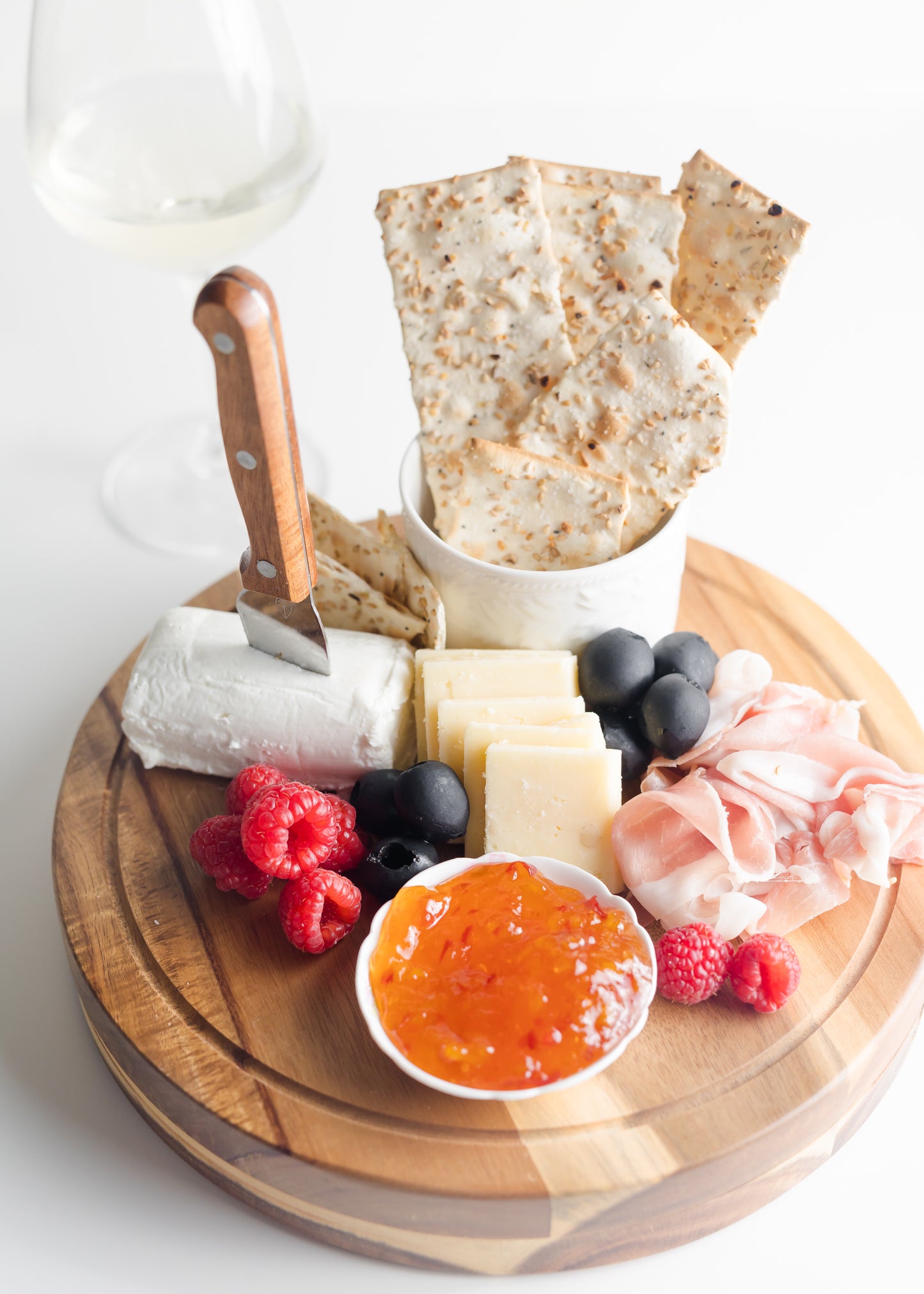 Charcutier Board with Jam, Meats, and Cheese in Light Wood with Knife Set