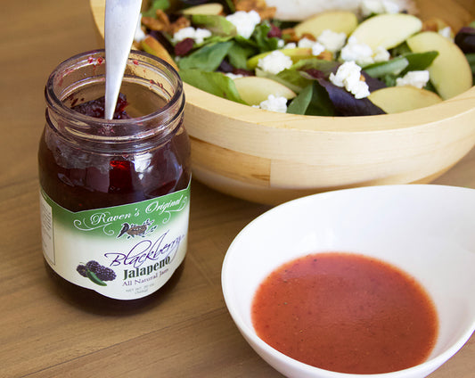 Salad dressing vinaigrette made with Raven's Nest blackberry jalapeno jam