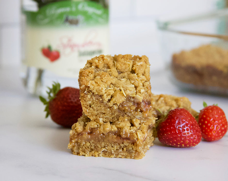 Peanut butter and jelly bars made with Raven's Nest strawberry jalapeno jam