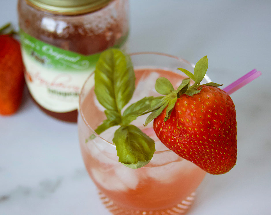 Strawberry basil spritzer cocktail made with Raven's Nest strawberry jalapeno jam