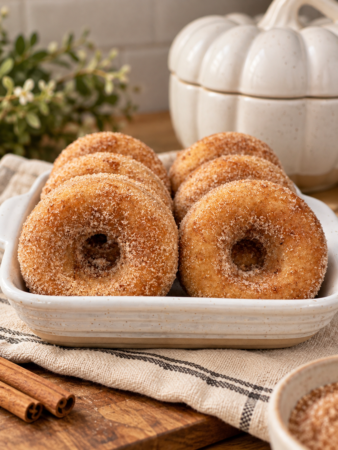 Baked Apple Cider Donuts with Mulling Spice with a Fall pumpkin in the background 