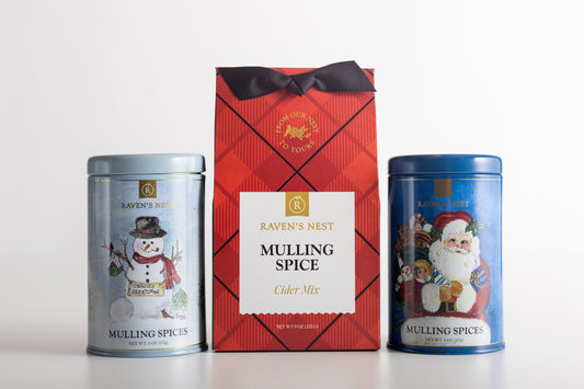 Celebrate the season with Raven’s Holiday Keepsake Tins and Mulling Spice Gift Box. Each features our signature blend of cinnamon, nutmeg, cloves, and citrus—perfect for gifting or festive gatherings.