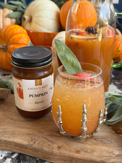 Make Pumpkin Patch Sangria with Raven’s Nest Pumpkin Butter, Pinot Grigio, spiced rum, and apple cider for an easy, festive fall cocktail.