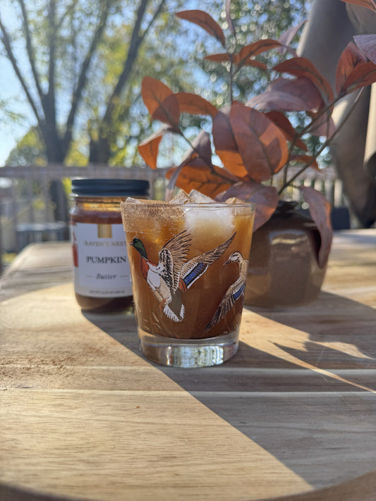 Make a festive Pumpkin Pie Margarita with Raven’s Nest Pumpkin Butter, reposado tequila, orange liqueur, apple cider, maple syrup, and a cinnamon sugar rim.