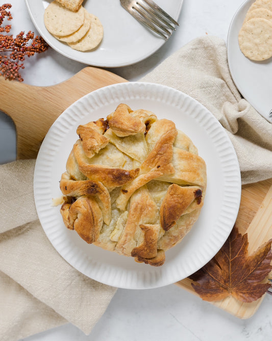 Ravens Nest Pumpkin Butter Baked Brie with Fall Background