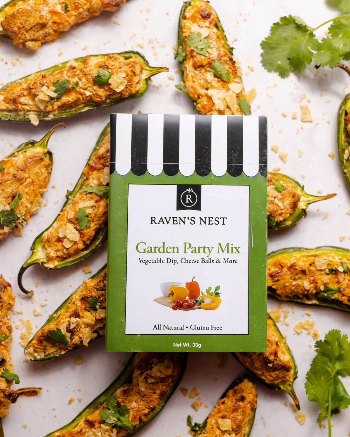 Garden party mix ravens nest jalapeno poppers with packaging in photo