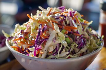 bowl of Raven's Nest Peach Habanero Coleslaw featuring fresh slaw mix, apple cider vinegar, Raven's Nest Peach Habanero Jam, salt and pepper