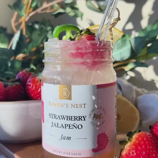 Instructional Video showing how to make a Gin and Jam alcohol free mocktail for Dry January, Dry July or all year round, using Raven's Nest gourmet strawberry jalapeno jam, zero proof gin, lemon, and sparkling water.