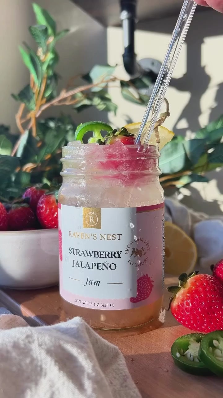 Instructional Video showing how to make a Gin and Jam alcohol free mocktail for Dry January, Dry July or all year round, using Raven's Nest gourmet strawberry jalapeno jam, zero proof gin, lemon, and sparkling water.