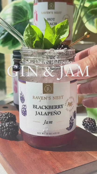 Video showing step-by-step instruction for making a Gin & Jam non-alcoholic mocktail using Raven's Nest blackberry jalapeno jam and Ritual Zero Proof NA gin alternative, created by Christine Wayne of On The Mocks