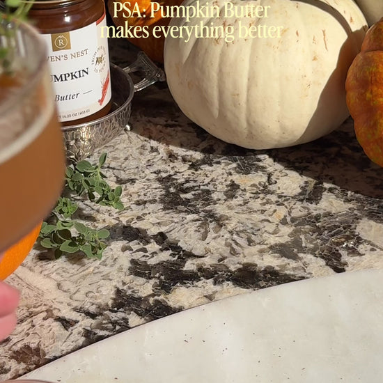 Shake up a fall Pumpkin Butter Whiskey Sour with Raven’s Nest Pumpkin Butter, rye whiskey, fresh lemon, thyme syrup, and a silky cinnamon-topped foam.