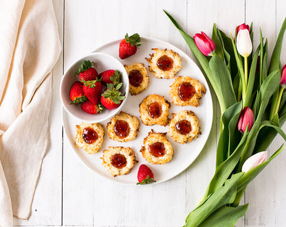 Strawberry Jalapeno Jam Coconut Macaroon. Cookies, Spring, Tulip, Easter, Plated Flat Lay of Cookies. 
