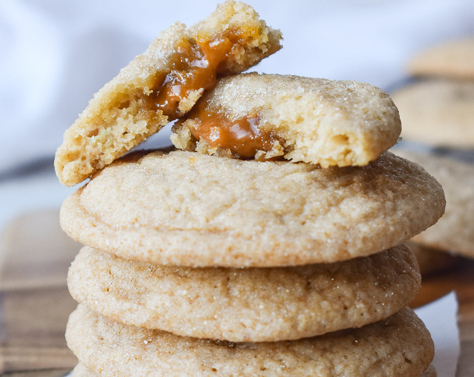 Pumpkin snickerdoodle cookies made with Raven's Nest pumpkin or apple butter and mulling spice with a caramel filling
