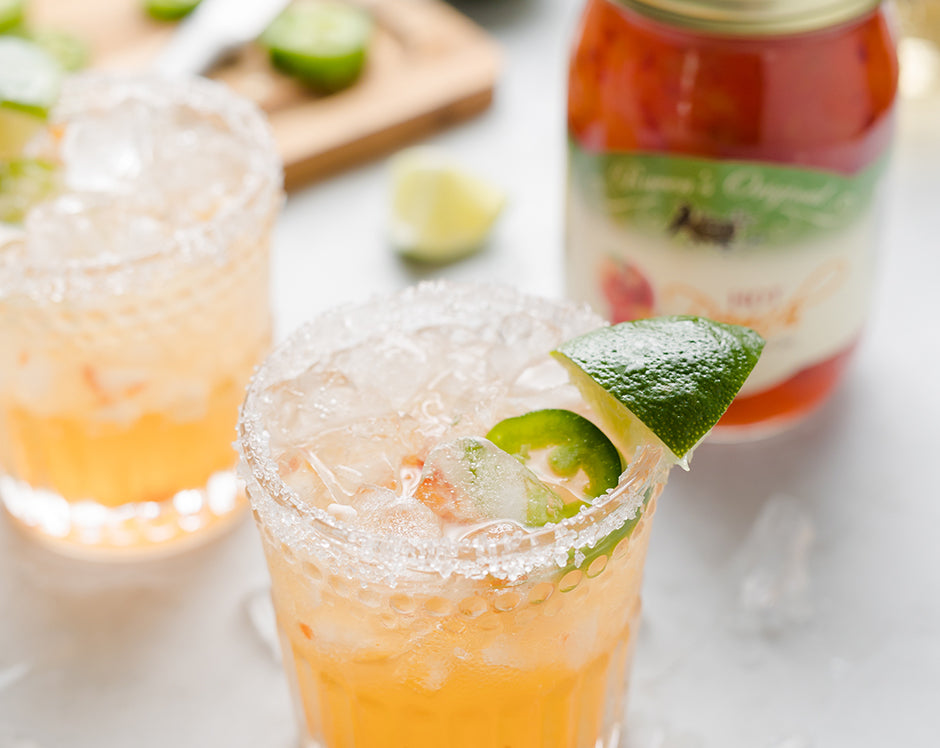 Hot peach margarita made with Raven's Nest sweet and spicy hot peach jam